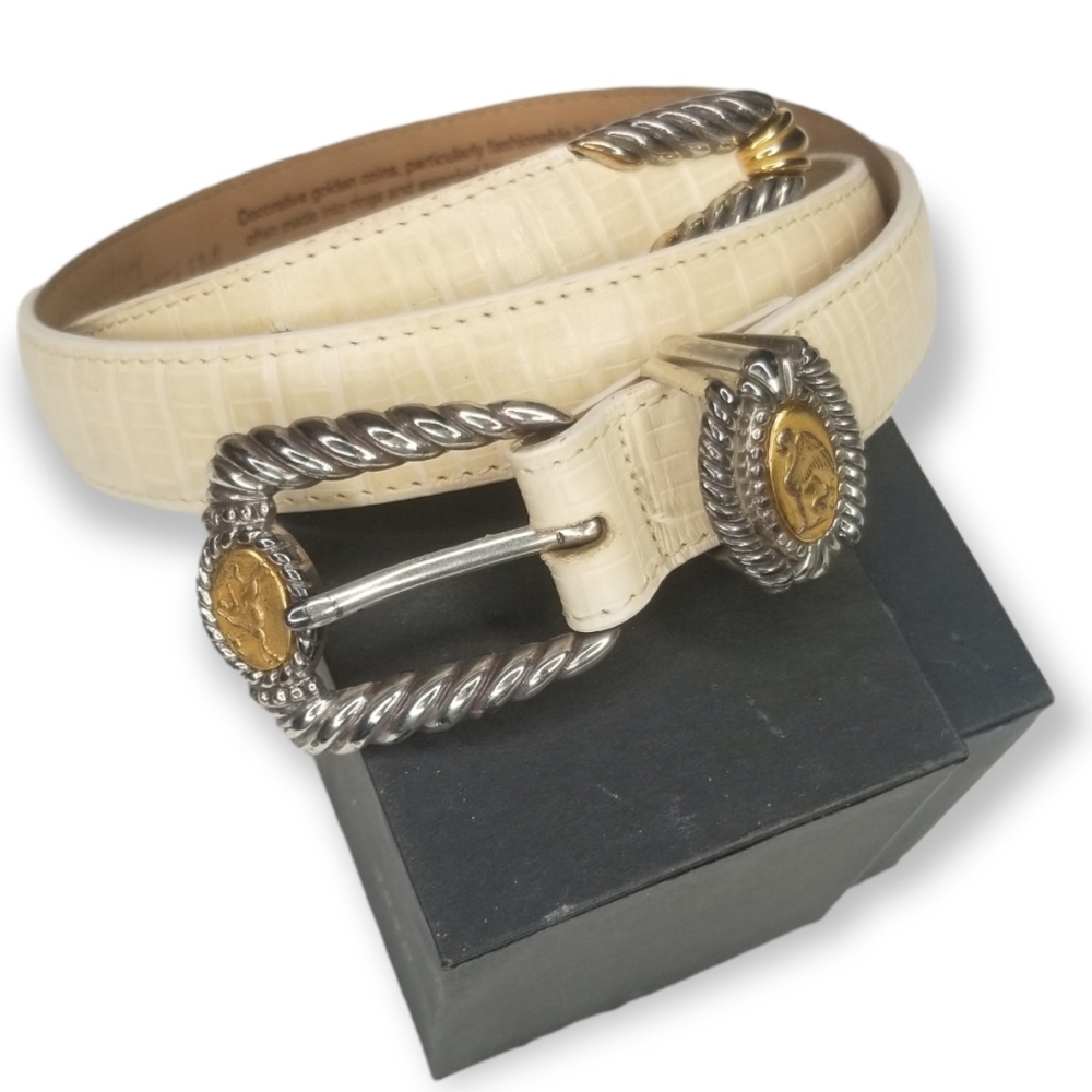 Vintage Brighton Museum Collection belt cream leather silver gold tone buckle M
